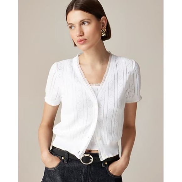 J.Crew Egyptian Cotton Pointelle Cardigan Womens Small White Cottagecore  NWT - Picture 1 of 16